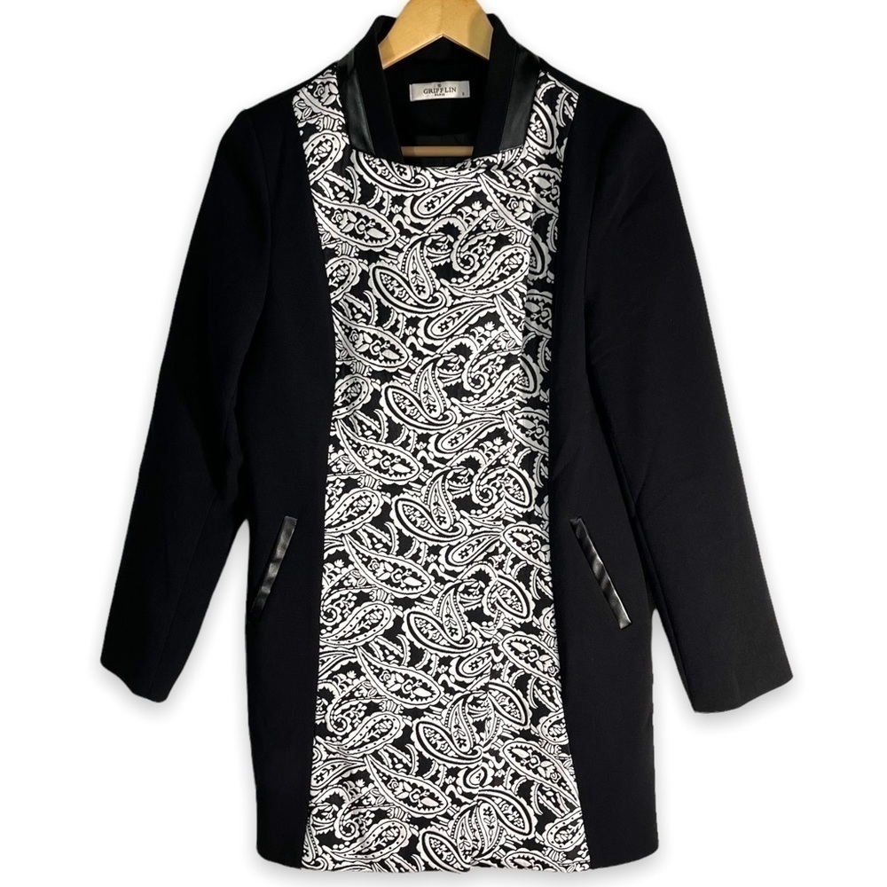 Grifflin Paris Mandarin Collar Faux Leather Trim Coat, Black/White, Size Small